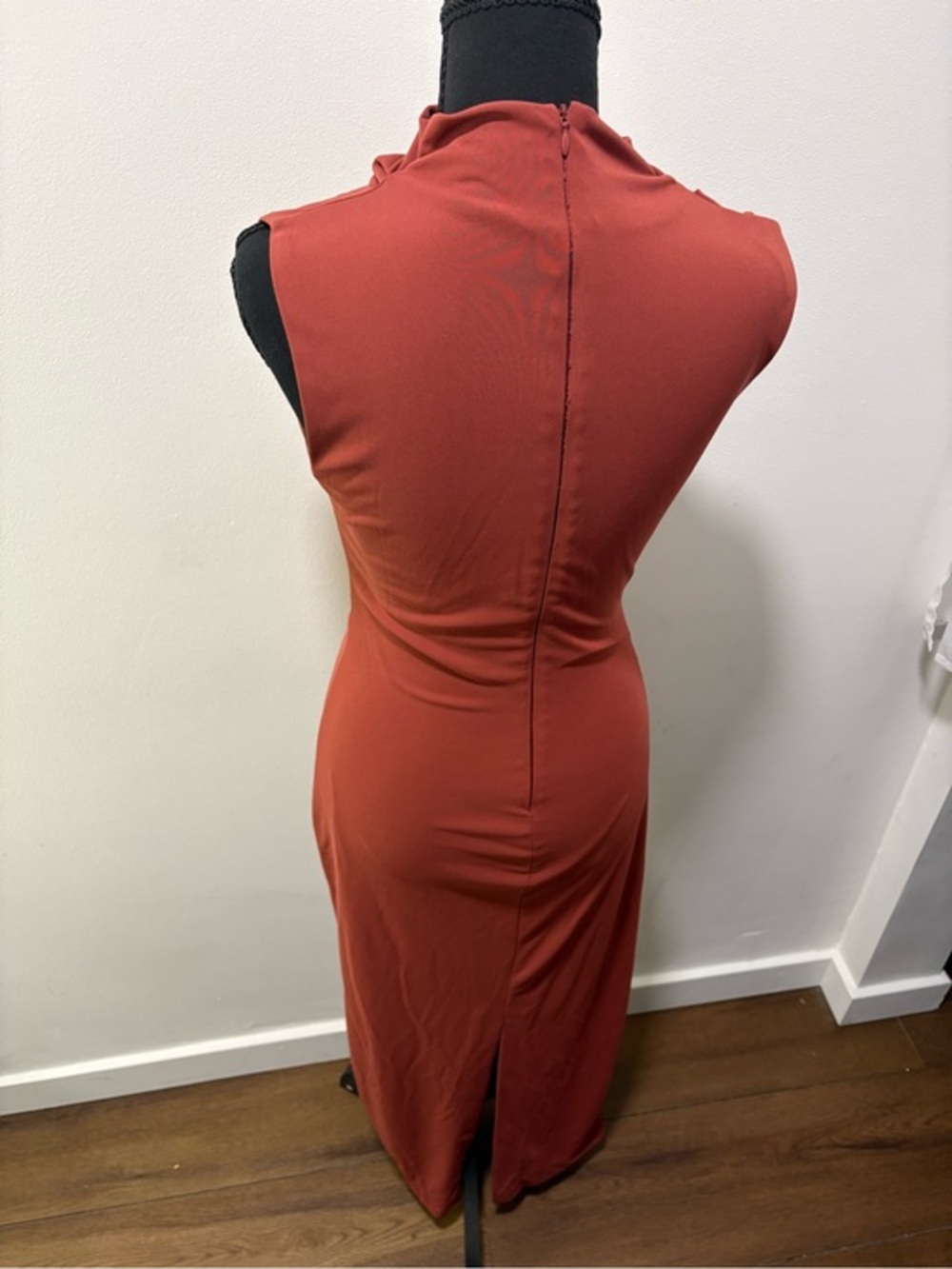 Zara Maxi Dress Small Ruched Bodycon Mock Neck Sleeveless Brown Dress - Picture 4 of 8